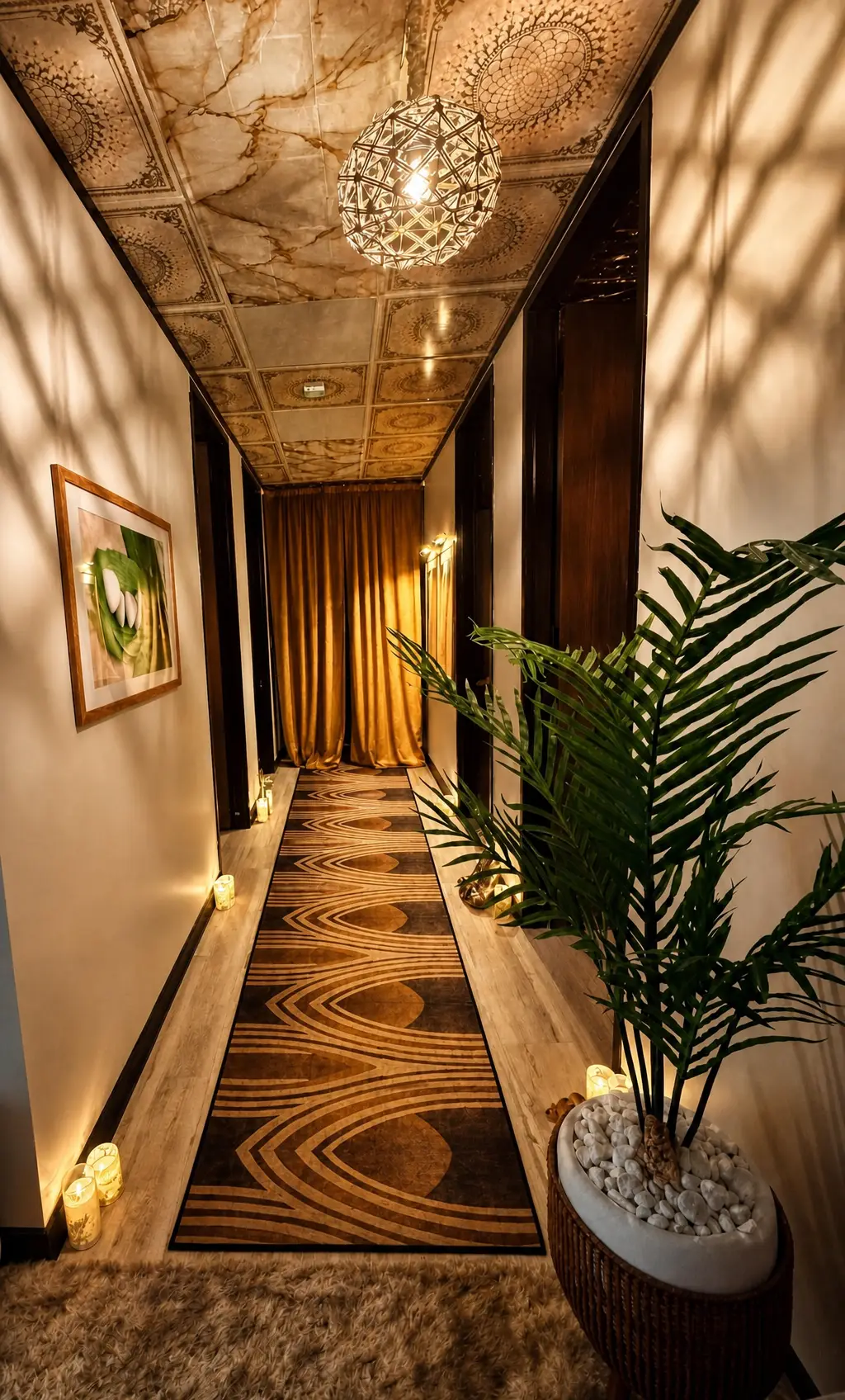 Luxurious spa hallway with a geometric black and tan runner rug, warm lighting, and a potted plant